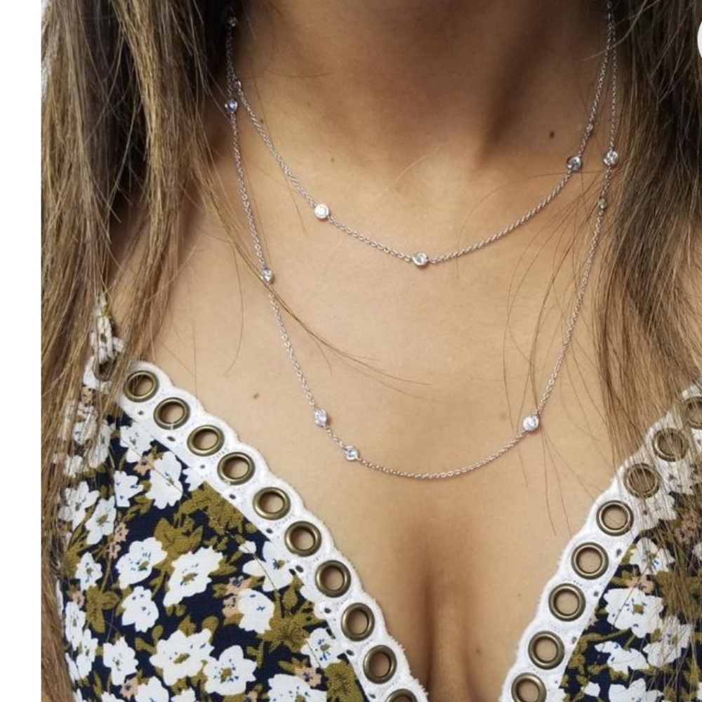 Silver-Tone Layered  Bezel Crystal Station Necklace & Dangle Earrings Set 36”